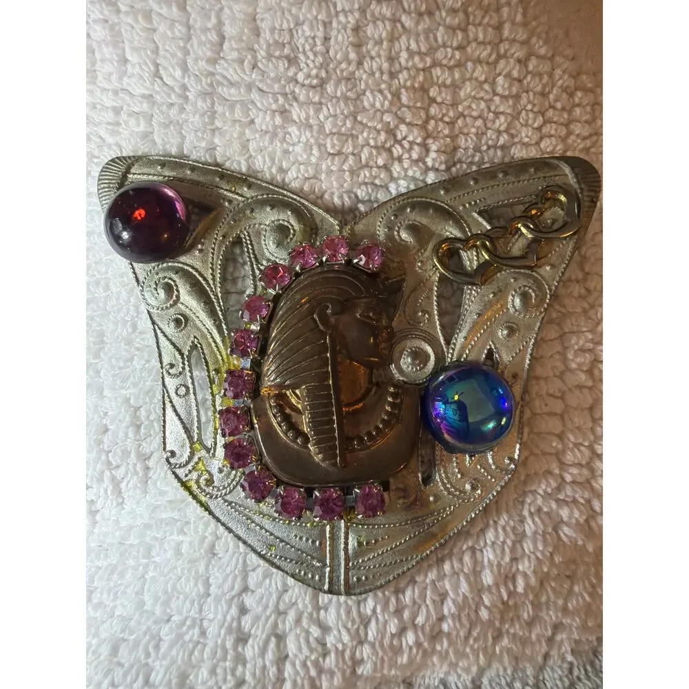 Vintage Egyptian Revival Pharaoh Rhinestone Art Deco Style Statement Brooch Pin